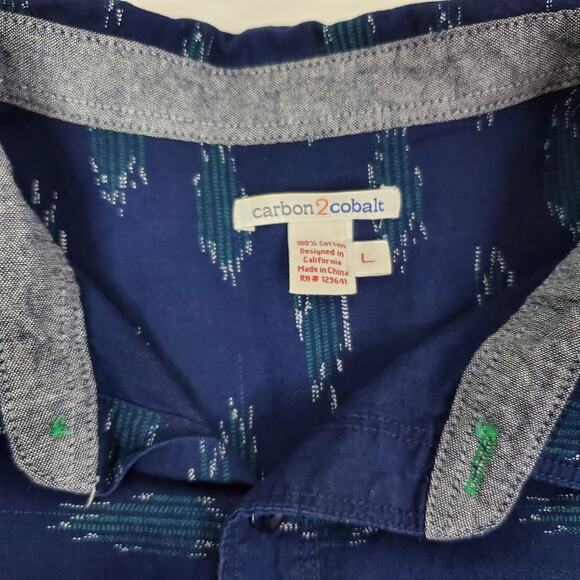 Carbon 2 Cobalt Men's Short Sleeve Button Up Shirt Blue Aztec Patterned Size L - Picture 4 of 10